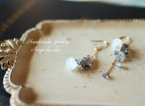 画像3: 【14KGF】ムーンストーン＆アイオライト、アクアマリンのアシンメトリーピアス (3)