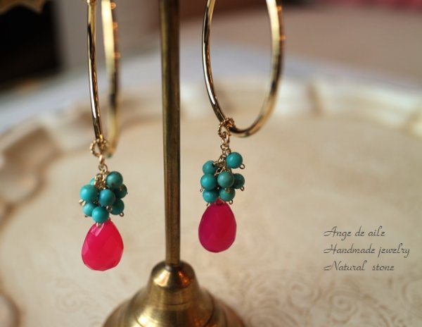 画像2: フューシャーピンクカルセドニー&ターコイズピアス (2)