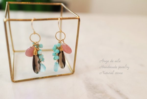 画像2: 【14kgf】 スモーキークオーツ&グアバークオーツの彩りピアス  (2)