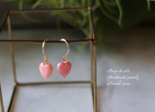 ピンクカルセドニー×モスアゲートカービング　＆ピンクサファイアのピアス14kgf ハンドメイド天然石アクセサリーショップ『Ange de aile』