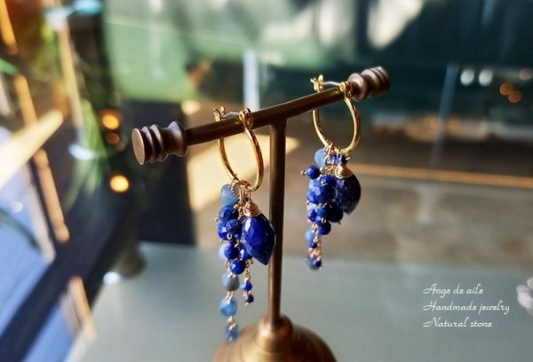 画像2: 【14kgf】ラピスラズリ&カイヤナイト⋆〜Grotte bleue フープピアス  /イヤリング (2)